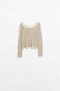 Beige striped fine knit sweater with boat neck