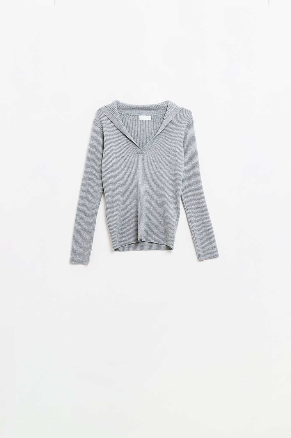 Grey Collared Rib Top With Long Sleeves