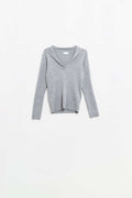 Grey Collared Rib Top With Long Sleeves