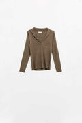 Brown Collared Rib Top With Long Sleeves