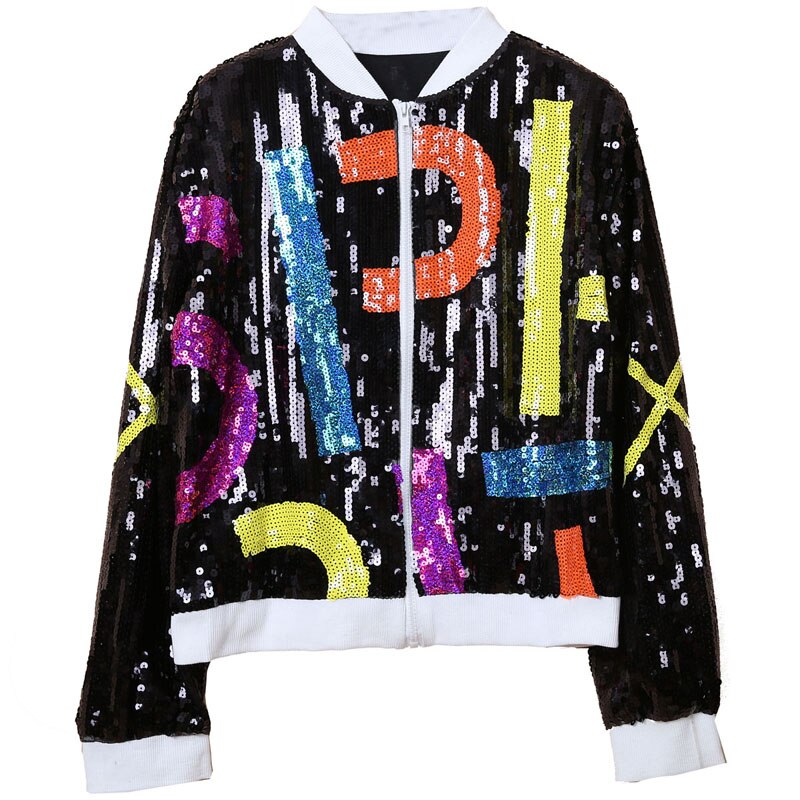 UNIKCOSA Sequined Letter Bomber Jacket — “PERHAPS U” Multicolor Statement Outerwear ✨