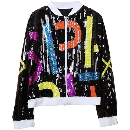 UNIKCOSA Sequined Letter Bomber Jacket — “PERHAPS U” Multicolor Statement Outerwear ✨