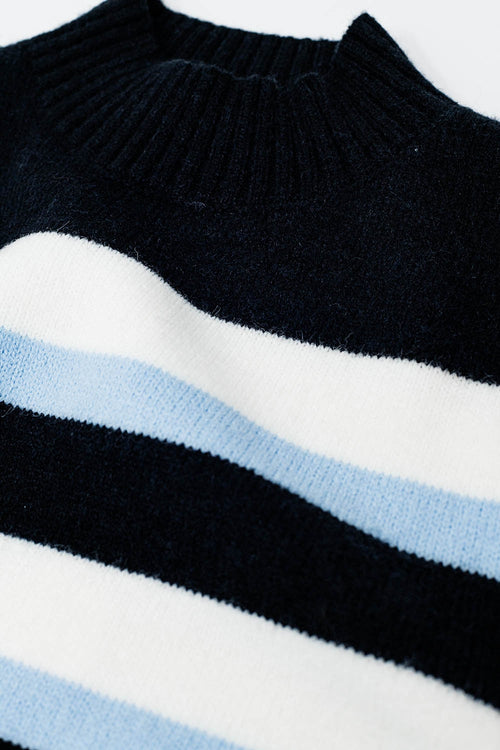 Black sweater with blue and white stripes and a high neck — view 2 of 2