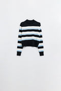 Black sweater with blue and white stripes and a high neck