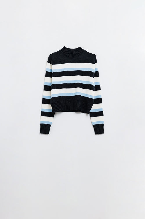 Black sweater with blue and white stripes and a high neck — view 1 of 2