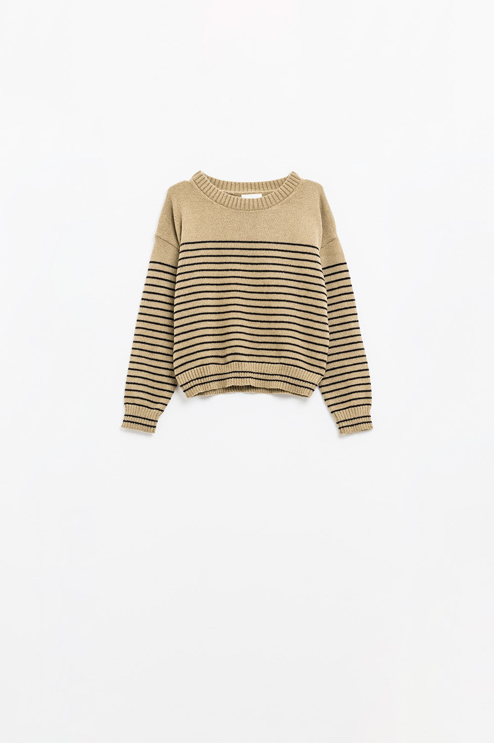 Beige sweater with black stripes and boat neck
