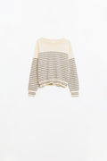 Cream sweater with brown stripes and boat neck
