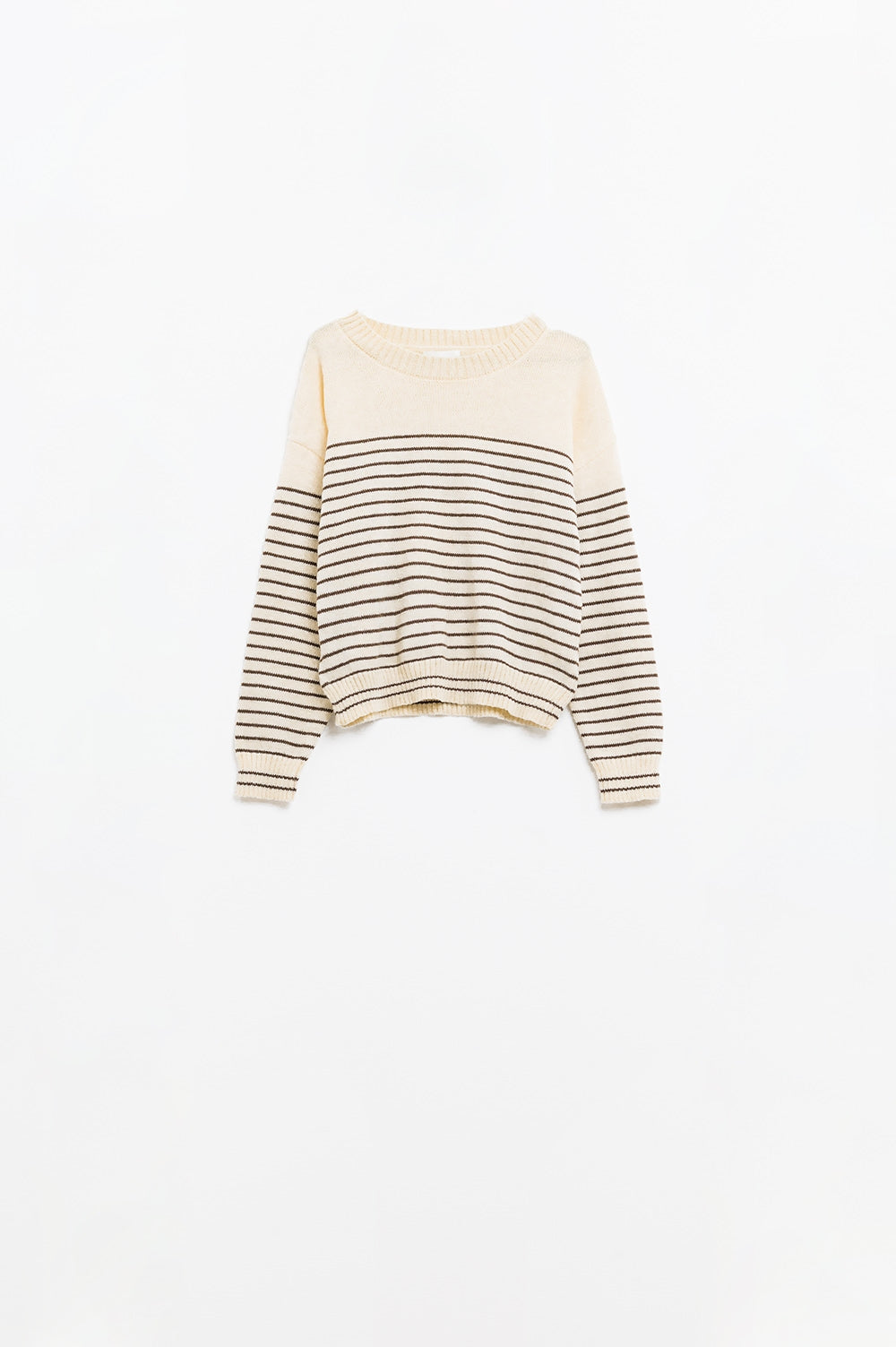 Cream sweater with brown stripes and boat neck