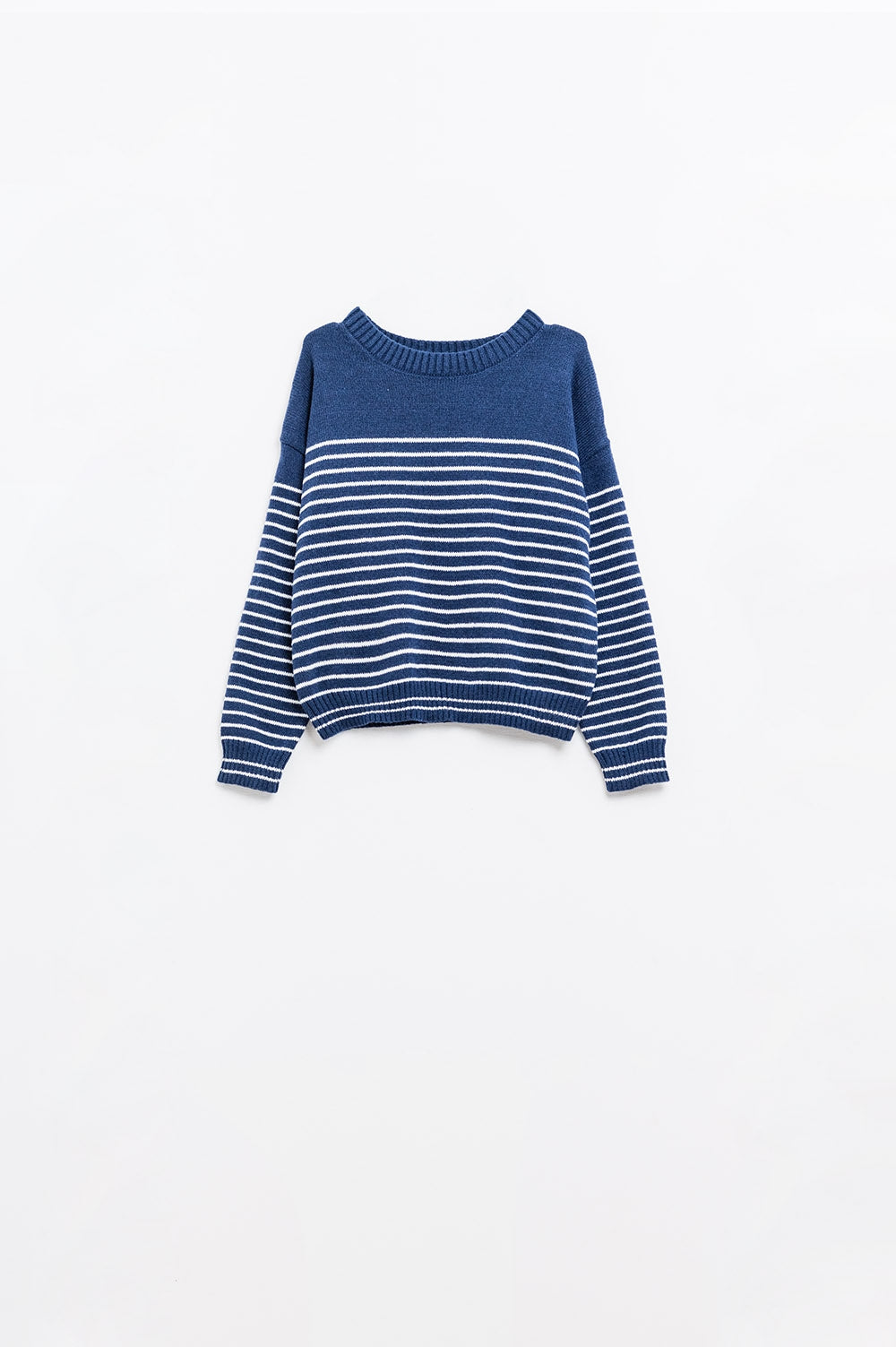 navy sweater with white stripes and boat neck