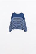 navy sweater with white stripes and boat neck