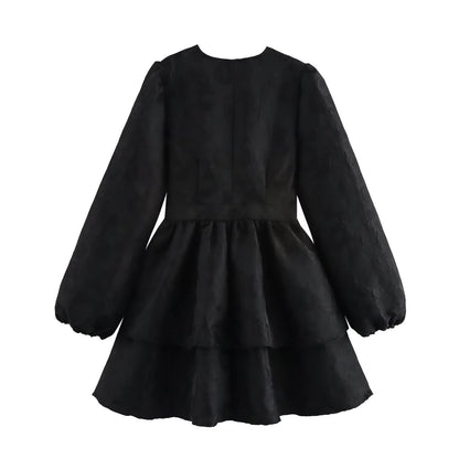 UNIKCOSA LuxeEase V Neck Cinching Layered Black Dress 💫