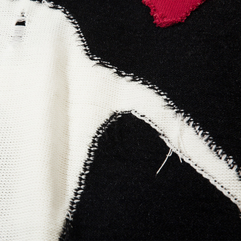 UNIKCOSA Color Contrast Patchwork Sweater – Black & White Street Knit for Men