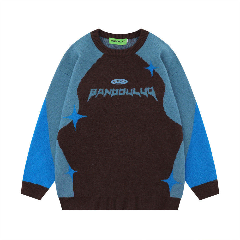 UNIKCOSA Contrast Jacquard Knit Sweater – Blue & Green Street Style Winter Essential