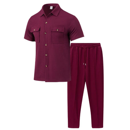 UNIKCOSA Men’s Vacation Set – Short Sleeve Button Shirt & Drawstring Pants Two-Piece Outfit (Polyester S–3XL Edition)