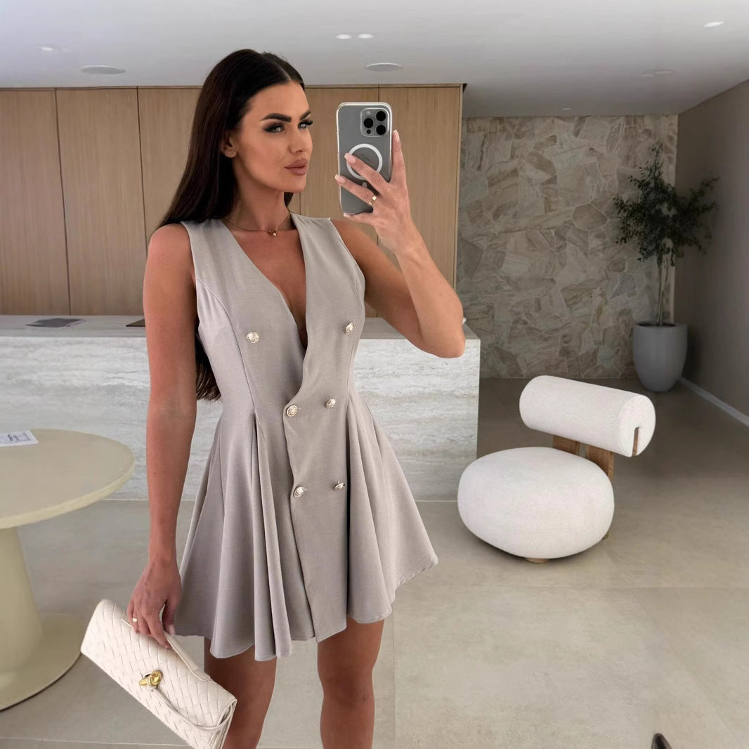 UNIKCOSA Double-Breasted Gold Button A-Line Blazer Dress — Sleeveless V-Neck Edition 🖤