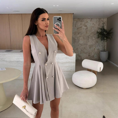 UNIKCOSA Double-Breasted Gold Button A-Line Blazer Dress — Sleeveless V-Neck Edition 🖤