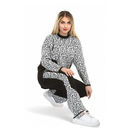Women's Leopard Print Knitwear Set with Wide Leg Pants