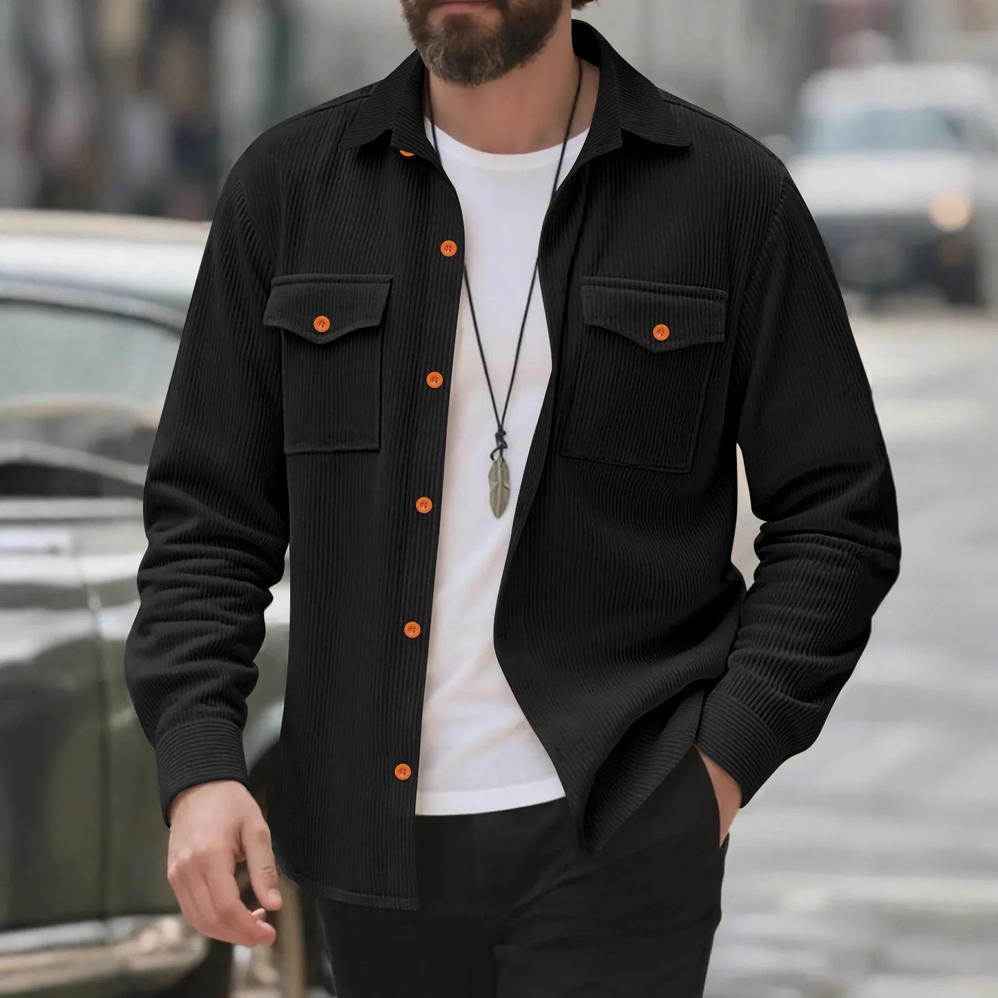 UNIKCOSA Men’s Corduroy Shirt – Long Sleeve Button-Up with Chest Flap Pockets (Casual Workwear Streetwear Edition)