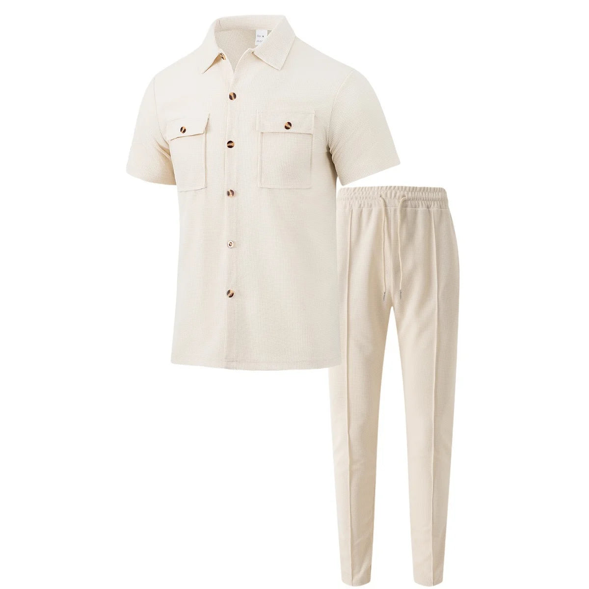 UNIKCOSA Men’s Vacation Set – Short Sleeve Button Shirt & Drawstring Pants Two-Piece Outfit (Polyester S–3XL Edition)