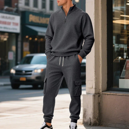 UNIKCOSA Men’s Winter Fleece Tracksuit – Half-Zip Stand Collar Sweatshirt & Cargo Jogger Pants 2-Piece Thermal Set (2025 Edition)