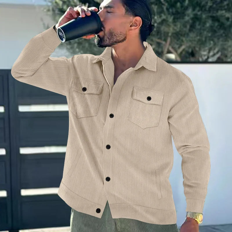 UNIKCOSA Men’s Corduroy Overshirt – Heavyweight Long Sleeve Button-Up with Dual Chest Pockets