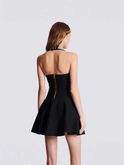 UNIKCOSA’s Red Beaded Halter Bandage Dress — Slim Fit, Backless A-Line Party Elegance
