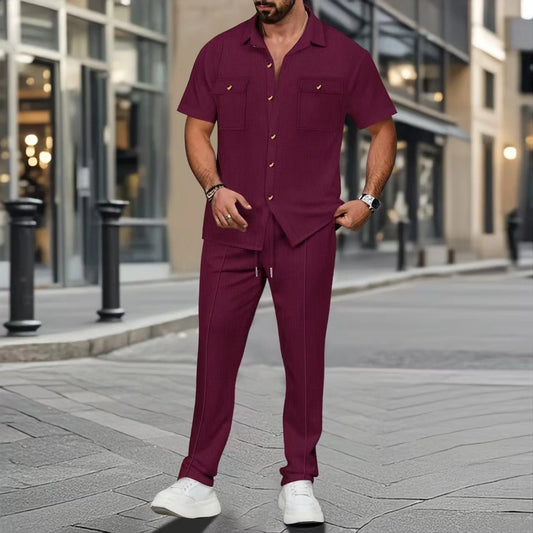 UNIKCOSA Men’s Vacation Set – Short Sleeve Button Shirt & Drawstring Pants Two-Piece Outfit (Polyester S–3XL Edition)