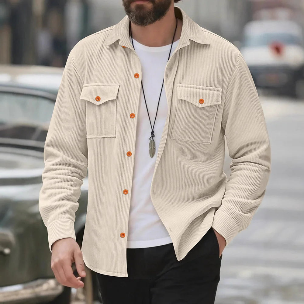 UNIKCOSA Men’s Corduroy Shirt – Long Sleeve Button-Up with Chest Flap Pockets (Casual Workwear Streetwear Edition)