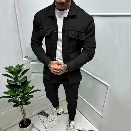 UNIKCOSA Men’s Utility Set – Button-Up Shacket & Jogger Pants Two-Piece Streetwear Outfit
