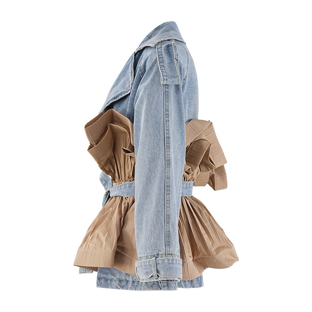 UNIKCOSA Retro Ruffle-Edge Contrast Splice Denim Jacket — Autumn Khaki Edition 🍁