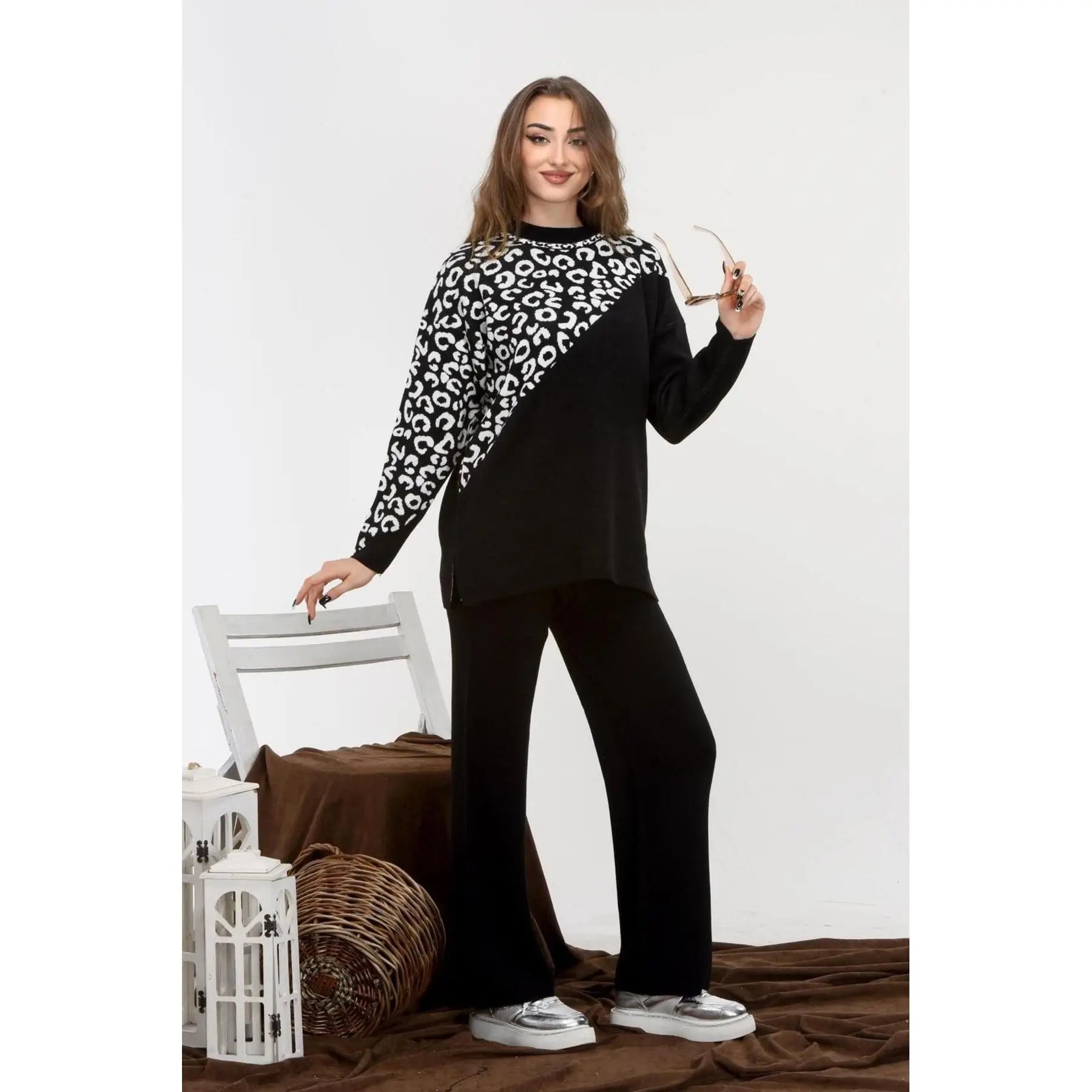 Women's Ribbed Jogger Set with Long Knitted Loungewear Top