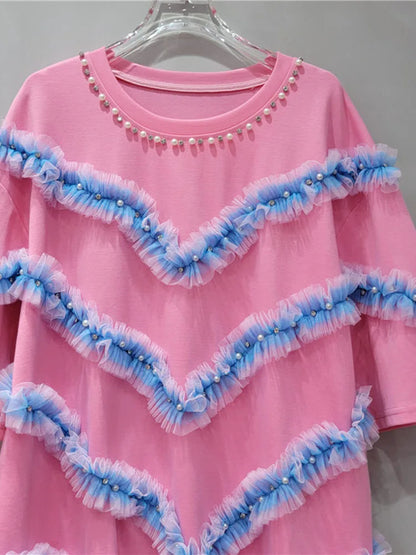 UNIKCOSA CrystalFlair Rhinestone Mesh Ruffle T-Shirt for Women ✨