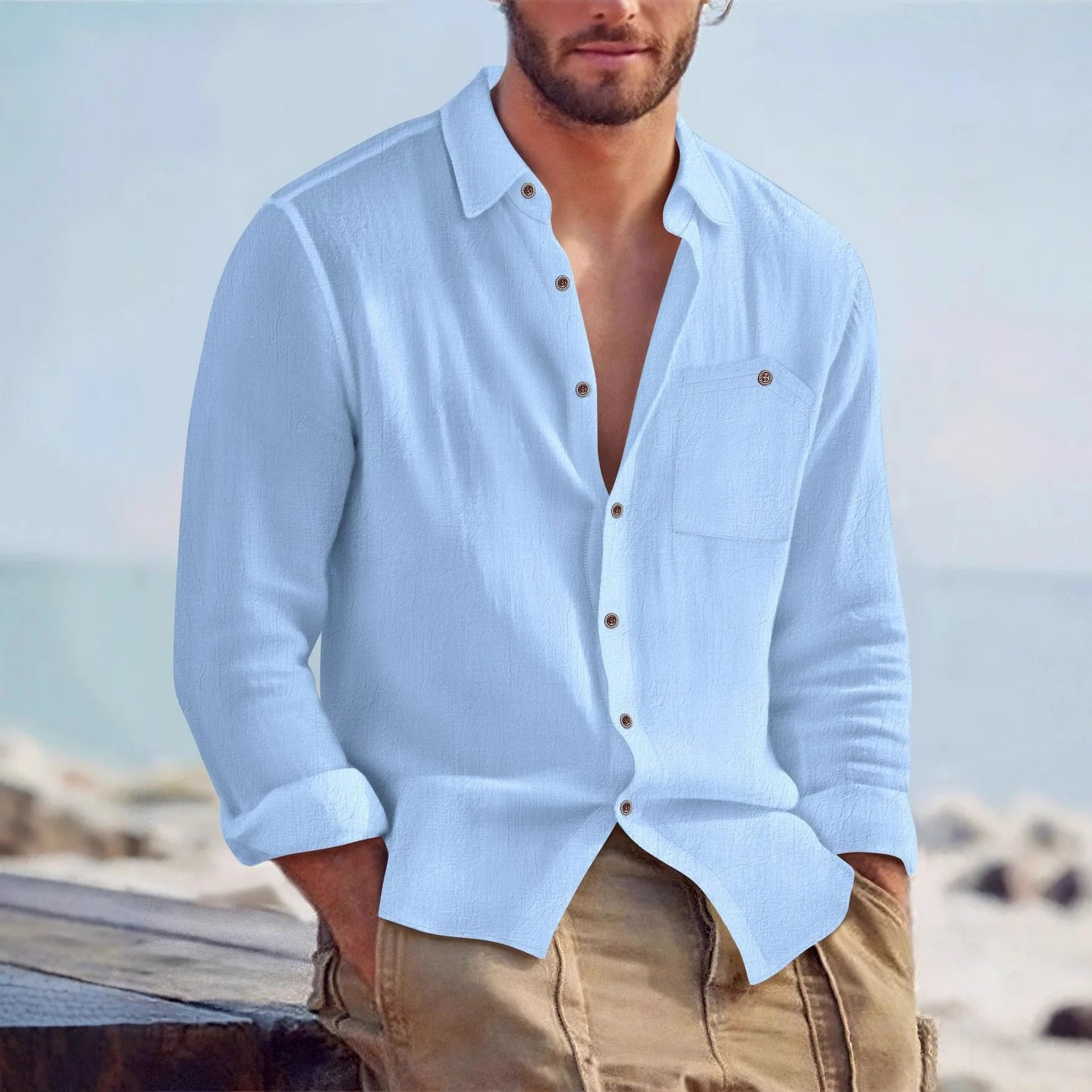 UNIKCOSA Men’s Linen-Look Beach Shirt – Lightweight Long Sleeve Button-Up Resort Wear (S–3XL Summer Edition)