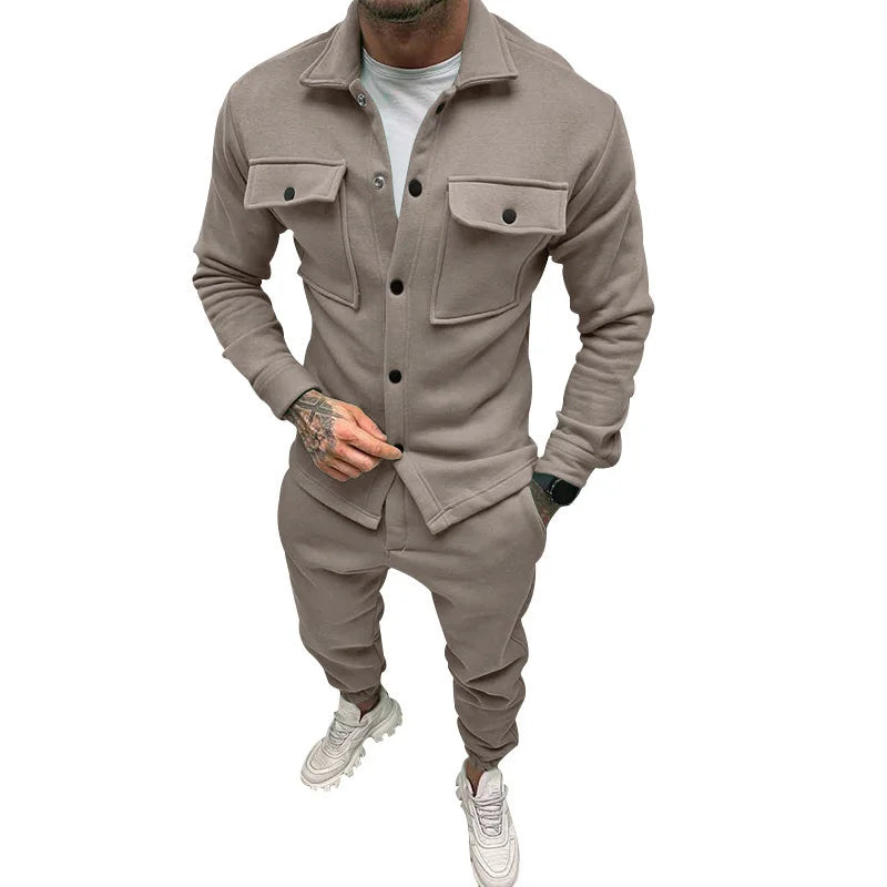 UNIKCOSA Men’s Utility Set – Button-Up Shacket & Jogger Pants Two-Piece Streetwear Outfit