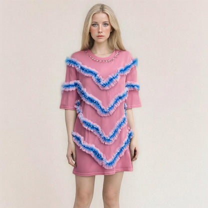 UNIKCOSA CrystalFlair Rhinestone Mesh Ruffle T-Shirt for Women ✨