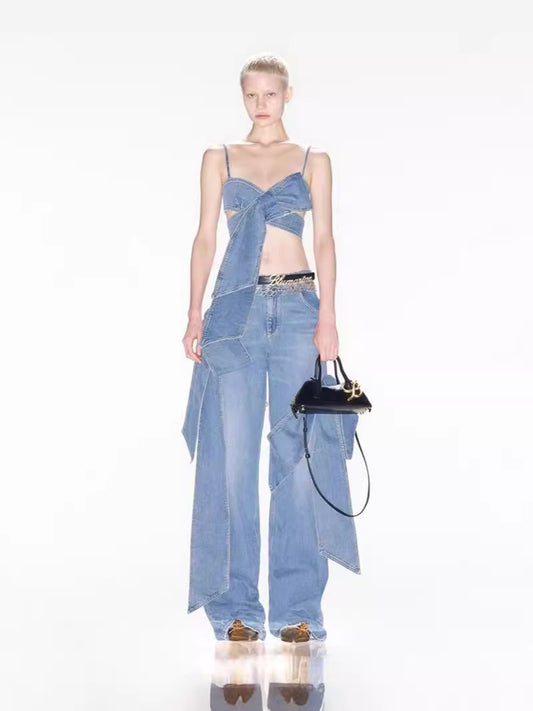 UNIKCOSA 3D Bow Strapless Denim Set — Chic Tube Top & Distressed Wide-Leg Jeans 💙
