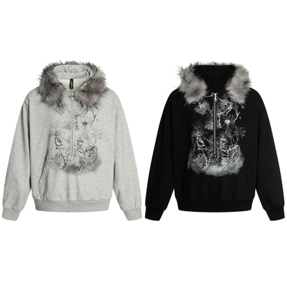 UNIKCOSA Velora Patterned Fur Collar Hooded Sweatshirt 💫