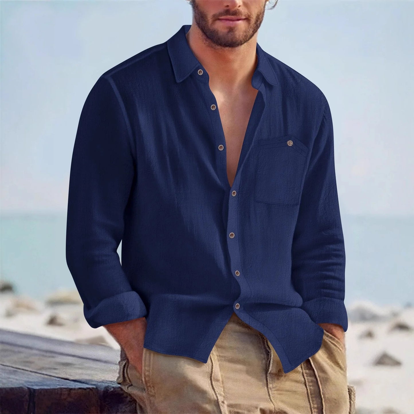 UNIKCOSA Men’s Linen-Look Beach Shirt – Lightweight Long Sleeve Button-Up Resort Wear (S–3XL Summer Edition)