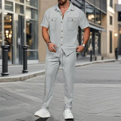 UNIKCOSA Men’s Vacation Set – Short Sleeve Button Shirt & Drawstring Pants Two-Piece Outfit (Polyester S–3XL Edition)