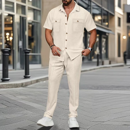 UNIKCOSA Men’s Vacation Set – Short Sleeve Button Shirt & Drawstring Pants Two-Piece Outfit (Polyester S–3XL Edition)
