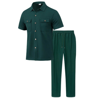 UNIKCOSA Men’s Vacation Set – Short Sleeve Button Shirt & Drawstring Pants Two-Piece Outfit (Polyester S–3XL Edition)