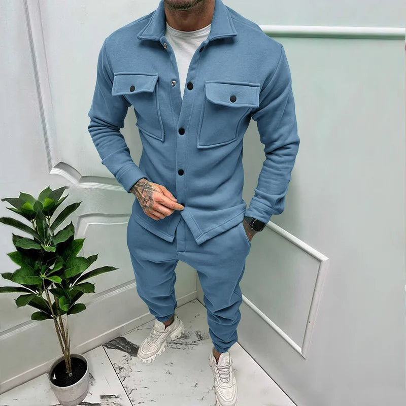 UNIKCOSA Men’s Utility Set – Button-Up Shacket & Jogger Pants Two-Piece Streetwear Outfit