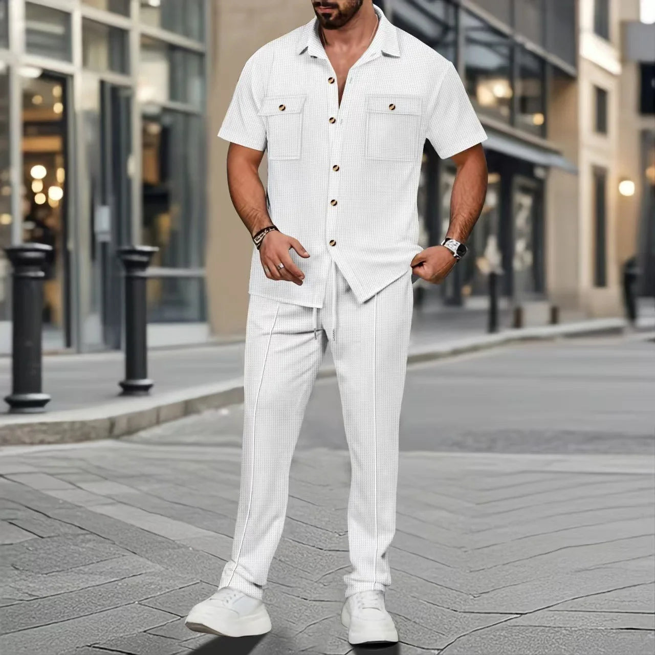 UNIKCOSA Men’s Vacation Set – Short Sleeve Button Shirt & Drawstring Pants Two-Piece Outfit (Polyester S–3XL Edition)