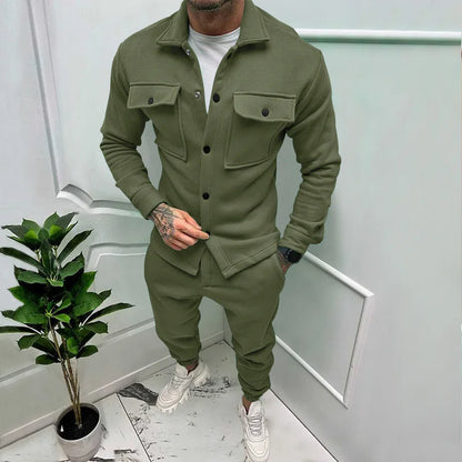 UNIKCOSA Men’s Utility Set – Button-Up Shacket & Jogger Pants Two-Piece Streetwear Outfit