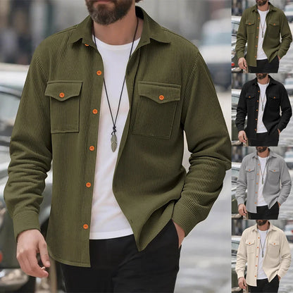 UNIKCOSA Men’s Corduroy Shirt – Long Sleeve Button-Up with Chest Flap Pockets (Casual Workwear Streetwear Edition)