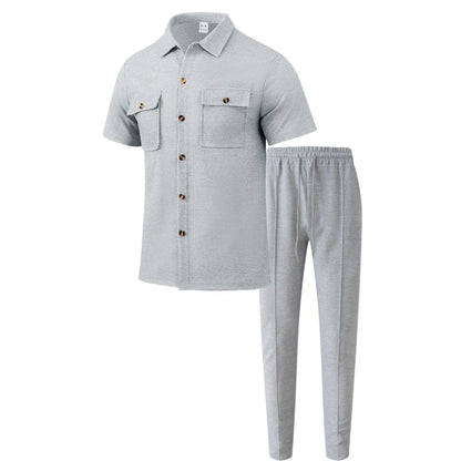 UNIKCOSA Men’s Vacation Set – Short Sleeve Button Shirt & Drawstring Pants Two-Piece Outfit (Polyester S–3XL Edition)