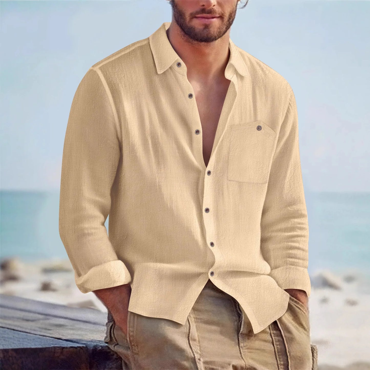 UNIKCOSA Men’s Linen-Look Beach Shirt – Lightweight Long Sleeve Button-Up Resort Wear (S–3XL Summer Edition)