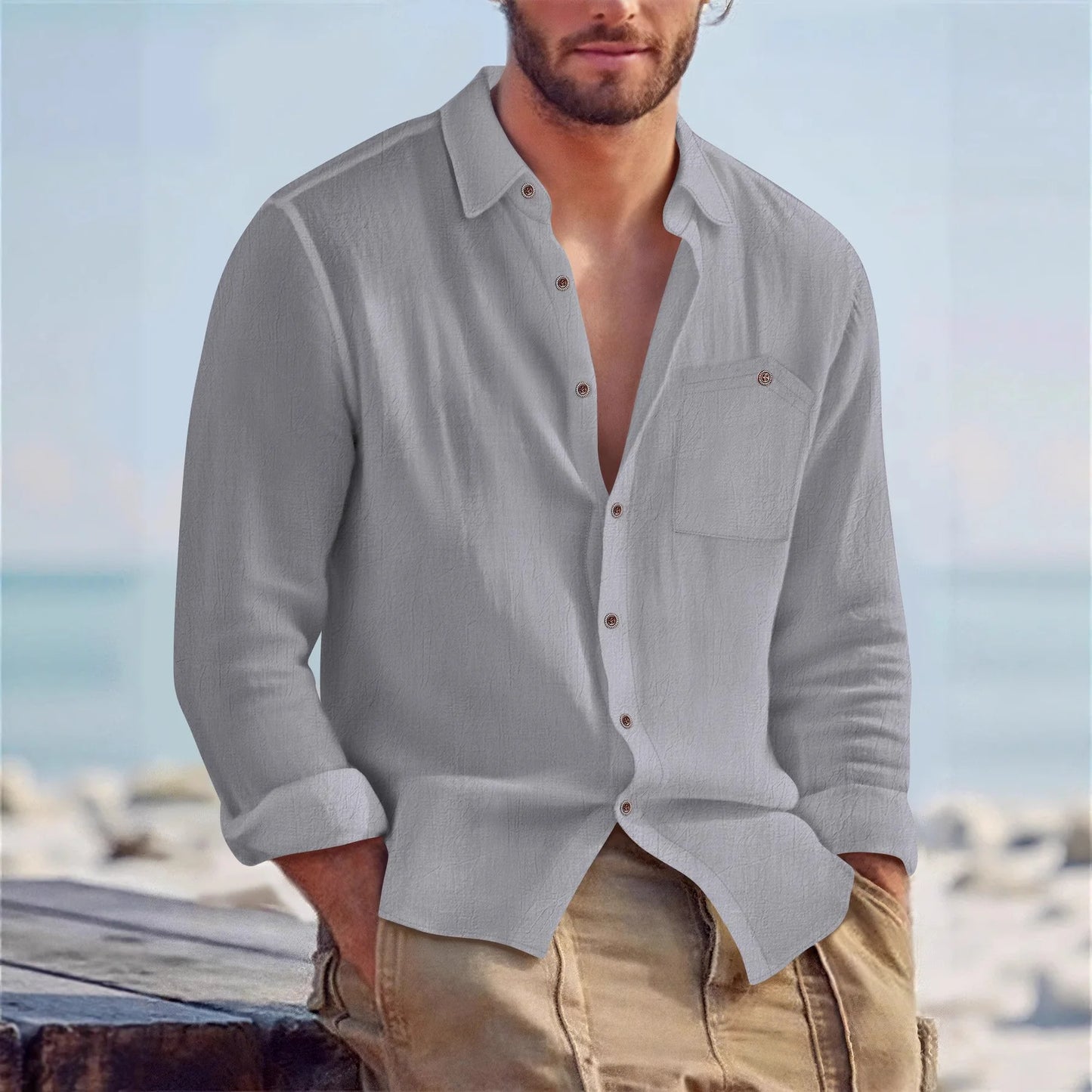 UNIKCOSA Men’s Linen-Look Beach Shirt – Lightweight Long Sleeve Button-Up Resort Wear (S–3XL Summer Edition)