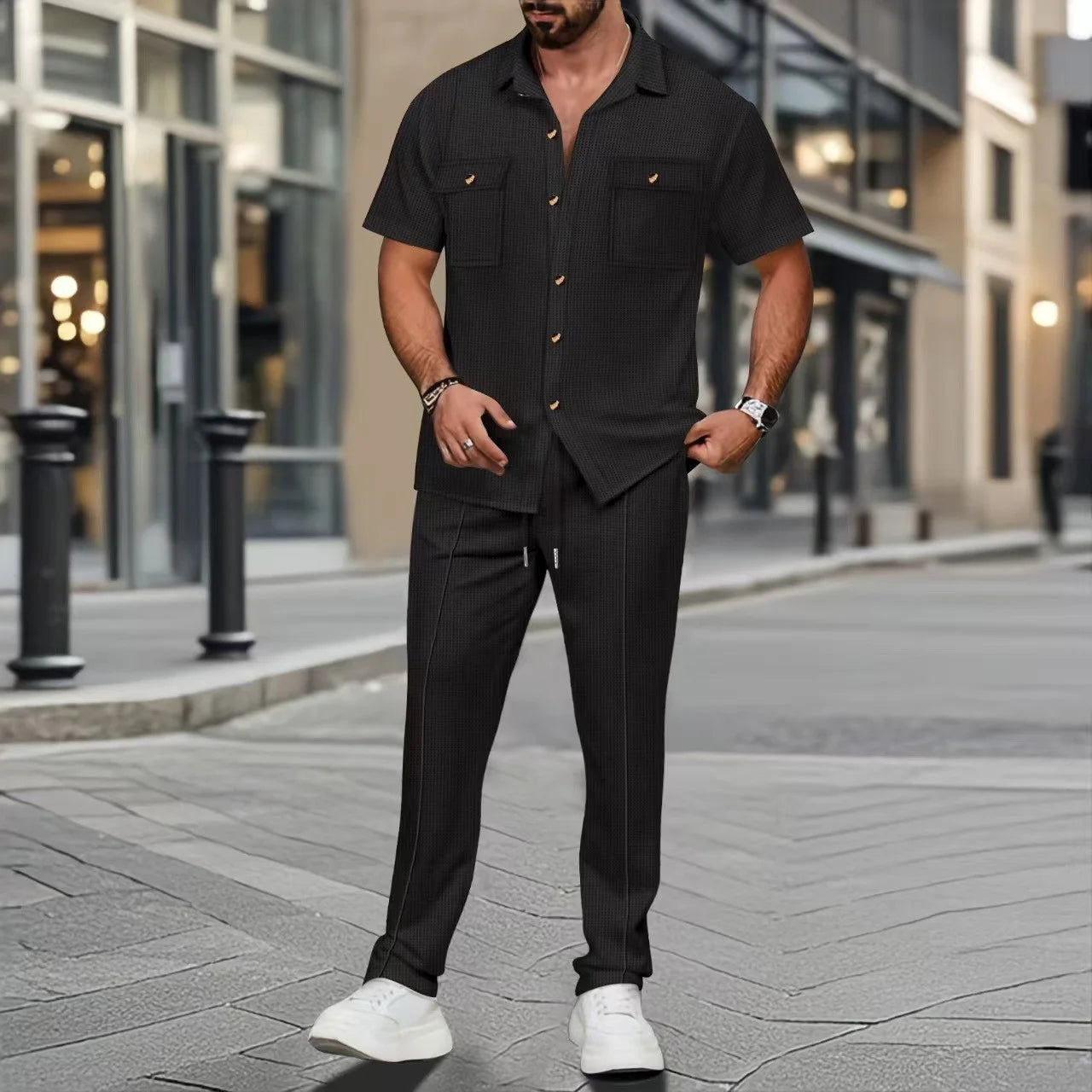 UNIKCOSA Men’s Vacation Set – Short Sleeve Button Shirt & Drawstring Pants Two-Piece Outfit (Polyester S–3XL Edition)
