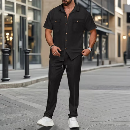 UNIKCOSA Men’s Vacation Set – Short Sleeve Button Shirt & Drawstring Pants Two-Piece Outfit (Polyester S–3XL Edition)